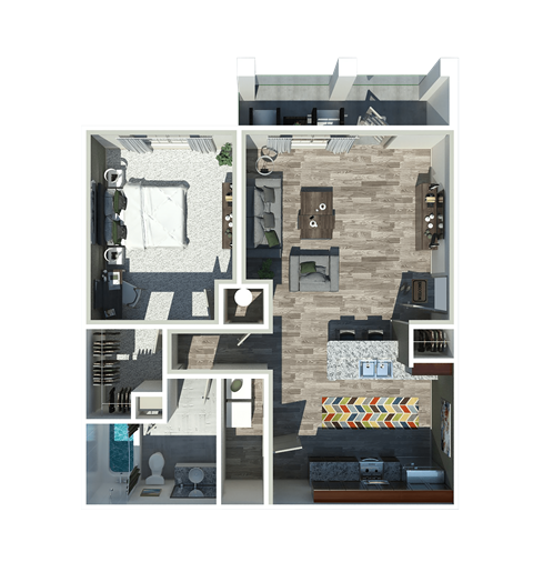 1 bed 1 bath a 3d floor plan of a furnished apartment at The Ridge at Chenal Valley, Little Rock, 72223